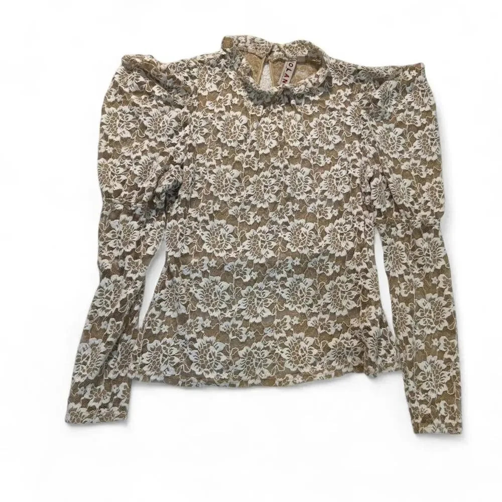 Anthropologie Beige Lace Floral Long-Sleeve Blouse